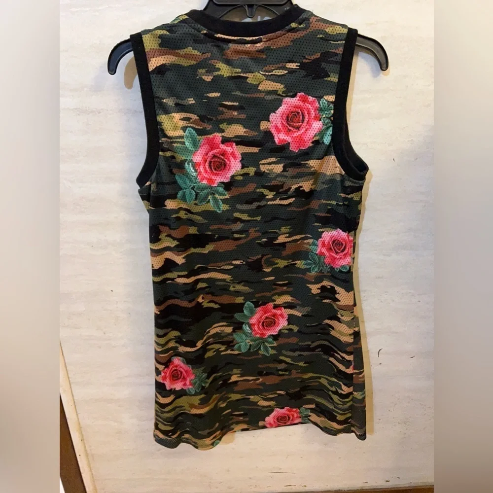 Eric + Lani camouflage and rose mesh tank dress
